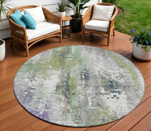 HomeRoots 8' Round Abstract Area Rug in Artichoke Green, Ivory & Purple - Washable for Indoor & Outdoor Use 640564