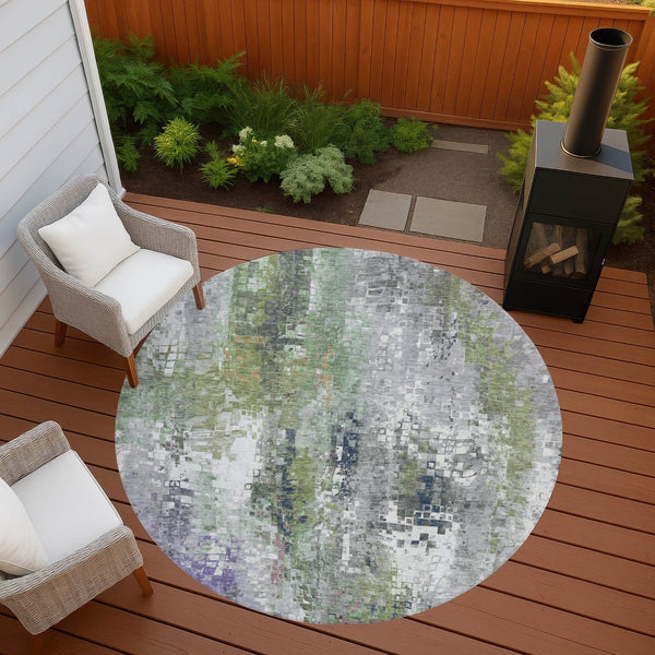 HomeRoots 8' Round Abstract Area Rug in Artichoke Green, Ivory & Purple - Washable for Indoor & Outdoor Use 640564