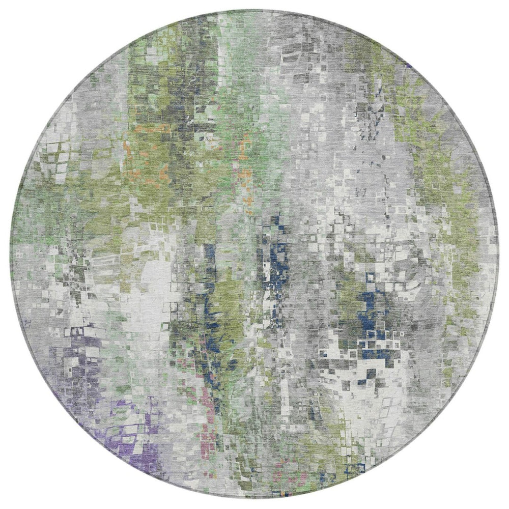 HomeRoots 8' Round Abstract Area Rug in Artichoke Green, Ivory & Purple - Washable for Indoor & Outdoor Use 640564