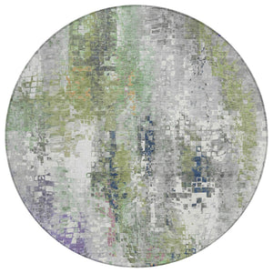 HomeRoots 8' Round Abstract Area Rug in Artichoke Green, Ivory & Purple - Washable for Indoor & Outdoor Use 640564