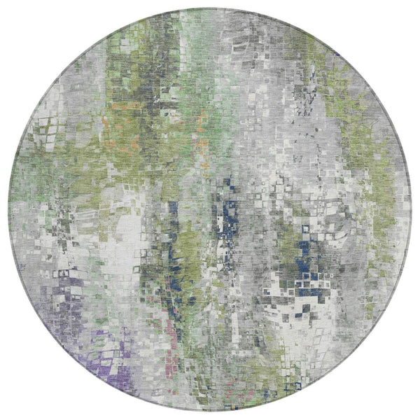 HomeRoots 8' Round Abstract Area Rug in Artichoke Green, Ivory & Purple - Washable for Indoor & Outdoor Use 640564
