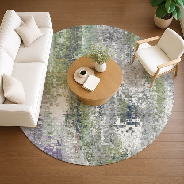 HomeRoots 8' Round Abstract Area Rug in Artichoke Green, Ivory & Purple - Washable for Indoor & Outdoor Use 640564