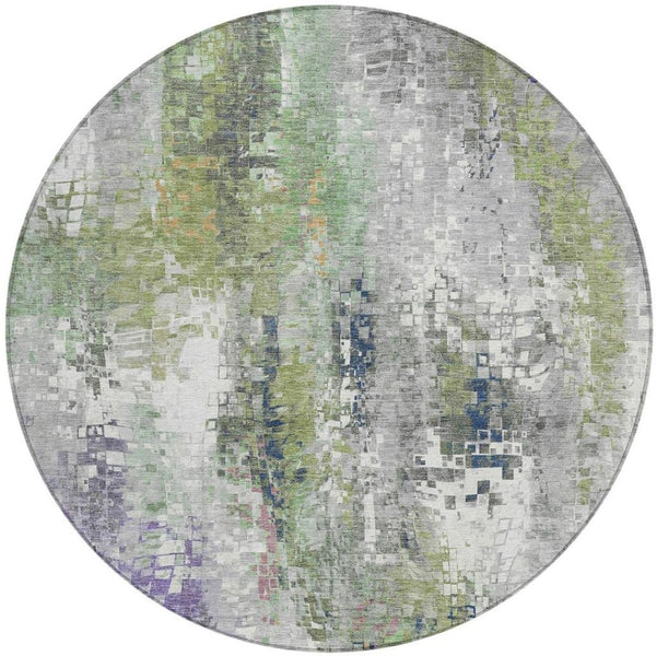 HomeRoots 8' Round Abstract Area Rug in Artichoke Green, Ivory & Purple - Washable for Indoor & Outdoor Use 640564