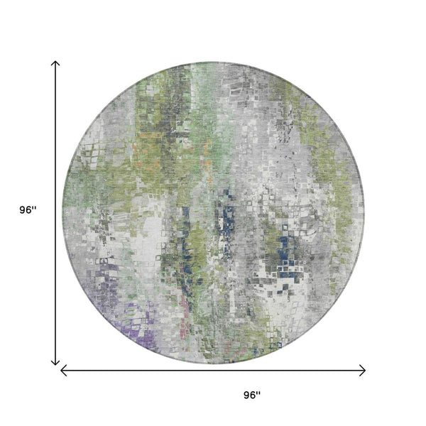 HomeRoots 8' Round Abstract Area Rug in Artichoke Green, Ivory & Purple - Washable for Indoor & Outdoor Use 640564