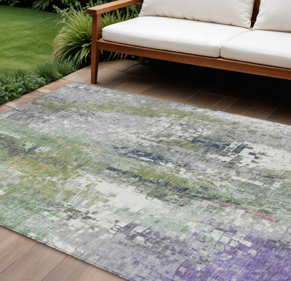 HomeRoots 9' x 12' Abstract Area Rug in Artichoke Green, Ivory & Purple - Stylish, Washable for Indoor & Outdoor Use 640566
