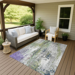 HomeRoots 9' x 12' Abstract Area Rug in Artichoke Green, Ivory & Purple - Stylish, Washable for Indoor & Outdoor Use 640566