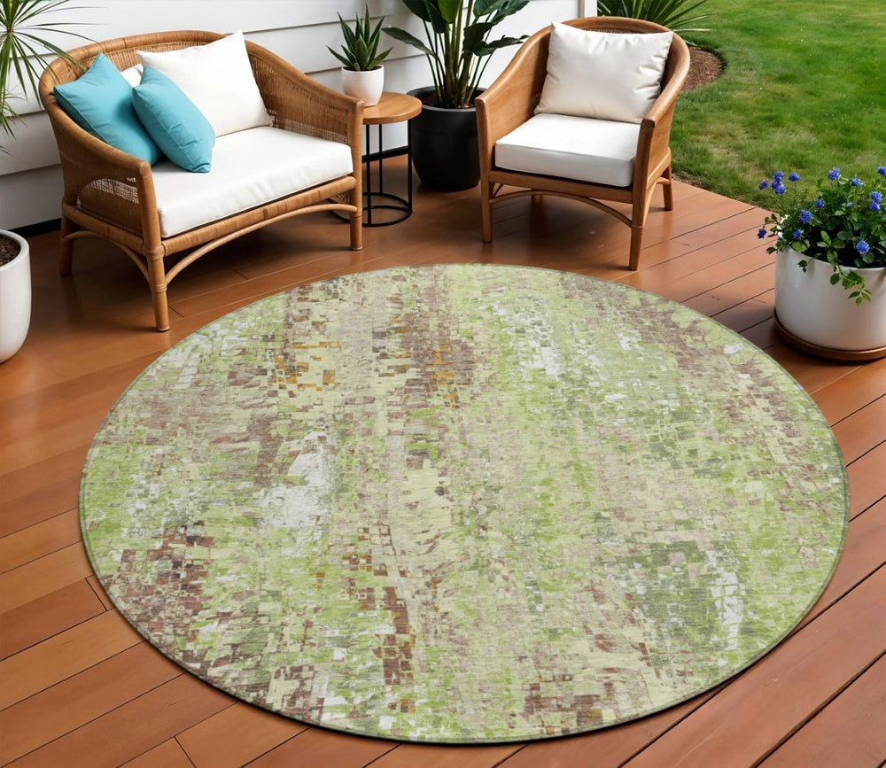 HomeRoots 8' Round Abstract Area Rug – Durable Green, Tan & Ivory Design for Indoor/Outdoor High-Traffic Use 640570