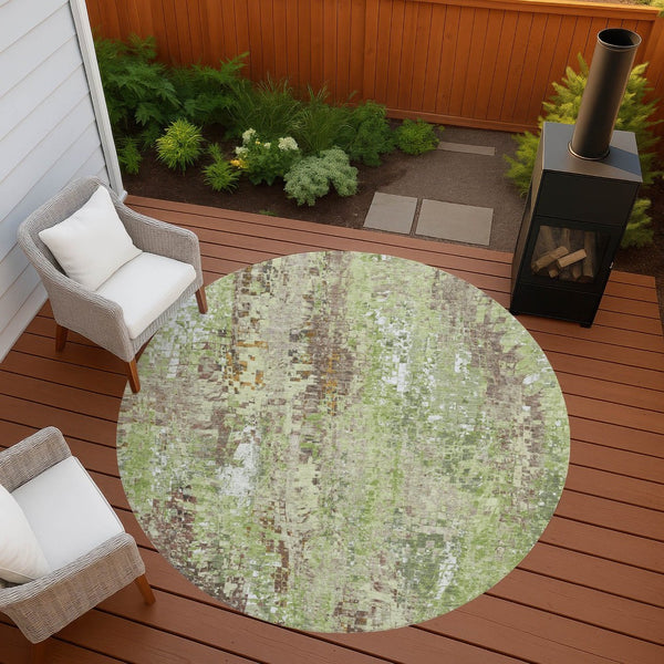 HomeRoots 8' Round Abstract Area Rug – Durable Green, Tan & Ivory Design for Indoor/Outdoor High-Traffic Use 640570
