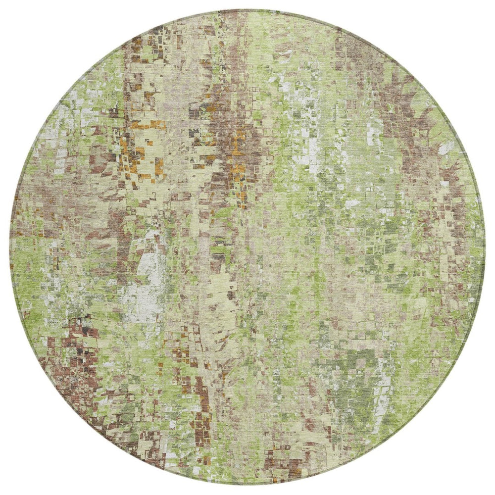 HomeRoots 8' Round Abstract Area Rug – Durable Green, Tan & Ivory Design for Indoor/Outdoor High-Traffic Use 640570