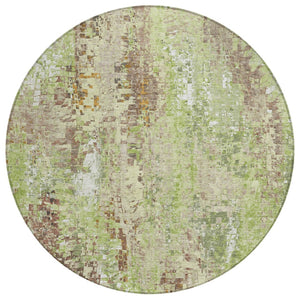 HomeRoots 8' Round Abstract Area Rug – Durable Green, Tan & Ivory Design for Indoor/Outdoor High-Traffic Use 640570