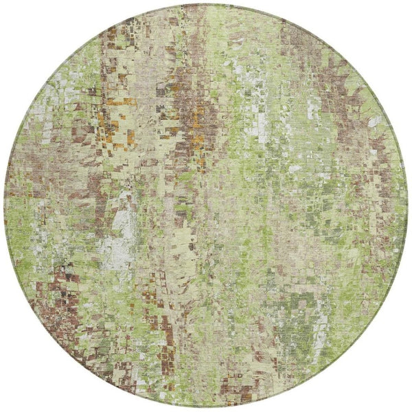 HomeRoots 8' Round Abstract Area Rug – Durable Green, Tan & Ivory Design for Indoor/Outdoor High-Traffic Use 640570