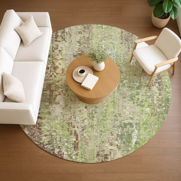 HomeRoots 8' Round Abstract Area Rug – Durable Green, Tan & Ivory Design for Indoor/Outdoor High-Traffic Use 640570