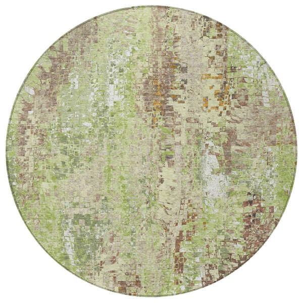HomeRoots 8' Round Abstract Area Rug – Durable Green, Tan & Ivory Design for Indoor/Outdoor High-Traffic Use 640570