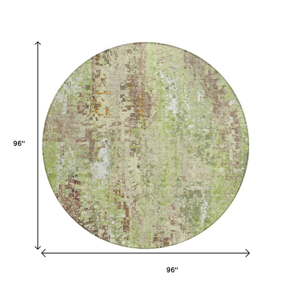 HomeRoots 8' Round Abstract Area Rug – Durable Green, Tan & Ivory Design for Indoor/Outdoor High-Traffic Use 640570