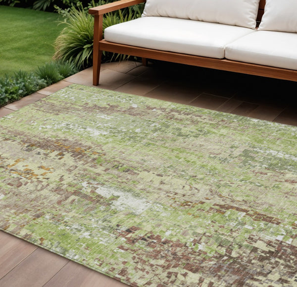 HomeRoots 9' X 12' Abstract Washable Indoor/Outdoor Area Rug – Modern Green Tan Ivory Design, Durable & Stylish! 640572