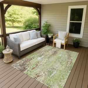 HomeRoots 9' X 12' Abstract Washable Indoor/Outdoor Area Rug – Modern Green Tan Ivory Design, Durable & Stylish! 640572