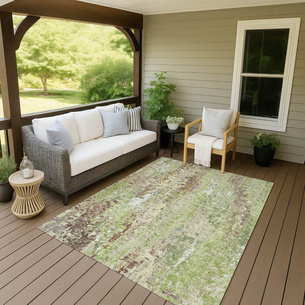 HomeRoots 9' X 12' Abstract Washable Indoor/Outdoor Area Rug – Modern Green Tan Ivory Design, Durable & Stylish! 640572