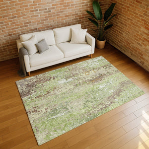 HomeRoots 9' X 12' Abstract Washable Indoor/Outdoor Area Rug – Modern Green Tan Ivory Design, Durable & Stylish! 640572