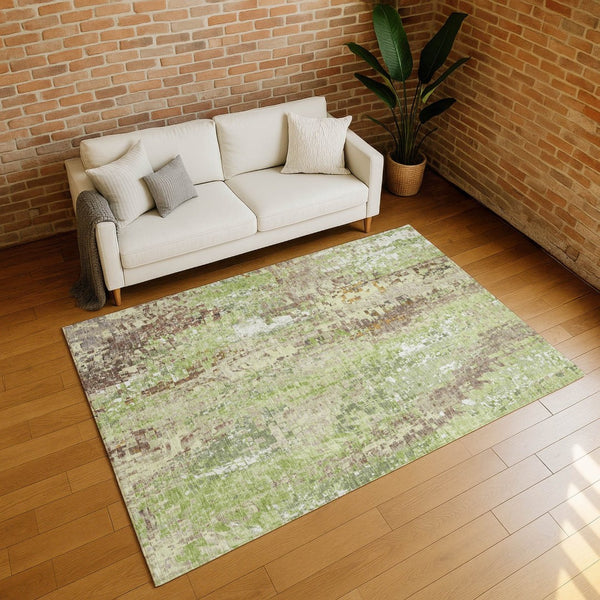 HomeRoots 10' Washable Indoor Outdoor Area Rug - Durable Green, Tan & Ivory Abstract Design for High-Traffic Areas 640573