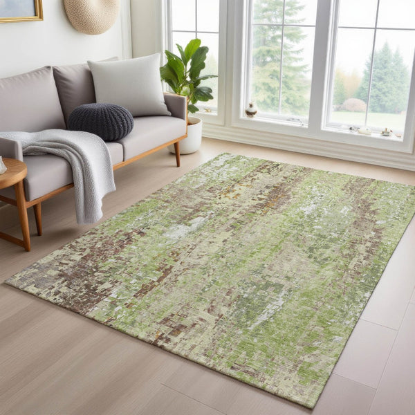 HomeRoots 10' Washable Indoor Outdoor Area Rug - Durable Green, Tan & Ivory Abstract Design for High-Traffic Areas 640573