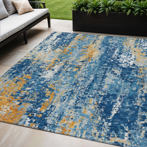 HomeRoots 5' X 8' Navy Blue Gold Ivory Abstract Area Rug - Stylish, Washable, Indoor-Outdoor, Durable Design 640575
