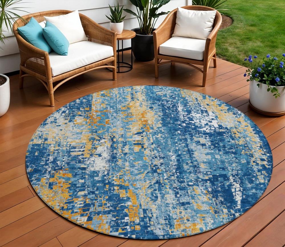 HomeRoots 8' Navy Blue Gold and Ivory Washable Round Area Rug – Modern Abstract Design for Indoor & Outdoor Use 640576