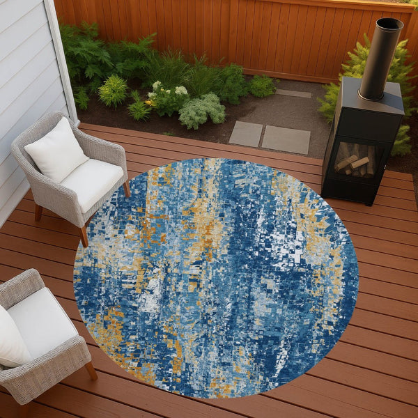HomeRoots 8' Navy Blue Gold and Ivory Washable Round Area Rug – Modern Abstract Design for Indoor & Outdoor Use 640576