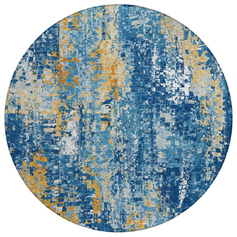 HomeRoots 8' Navy Blue Gold and Ivory Washable Round Area Rug – Modern Abstract Design for Indoor & Outdoor Use 640576