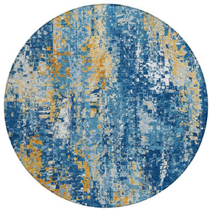 HomeRoots 8' Navy Blue Gold and Ivory Washable Round Area Rug – Modern Abstract Design for Indoor & Outdoor Use 640576