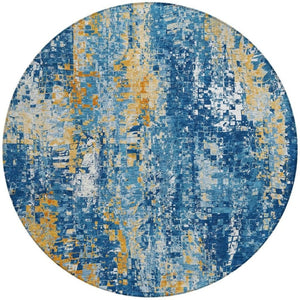 HomeRoots 8' Navy Blue Gold and Ivory Washable Round Area Rug – Modern Abstract Design for Indoor & Outdoor Use 640576