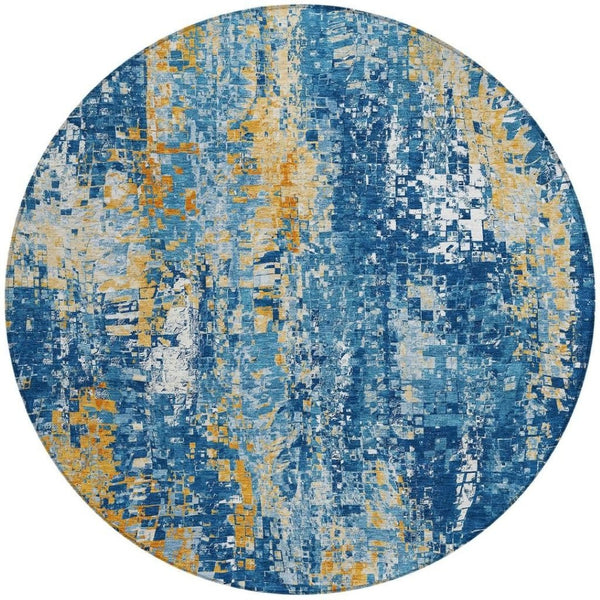 HomeRoots 8' Navy Blue Gold and Ivory Washable Round Area Rug – Modern Abstract Design for Indoor & Outdoor Use 640576