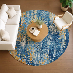 HomeRoots 8' Navy Blue Gold and Ivory Washable Round Area Rug – Modern Abstract Design for Indoor & Outdoor Use 640576