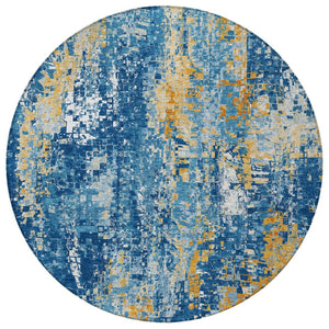 HomeRoots 8' Navy Blue Gold and Ivory Washable Round Area Rug – Modern Abstract Design for Indoor & Outdoor Use 640576