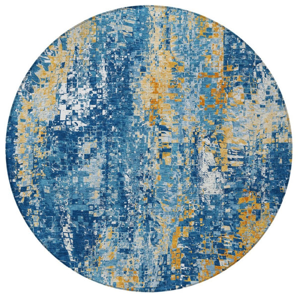HomeRoots 8' Navy Blue Gold and Ivory Washable Round Area Rug – Modern Abstract Design for Indoor & Outdoor Use 640576