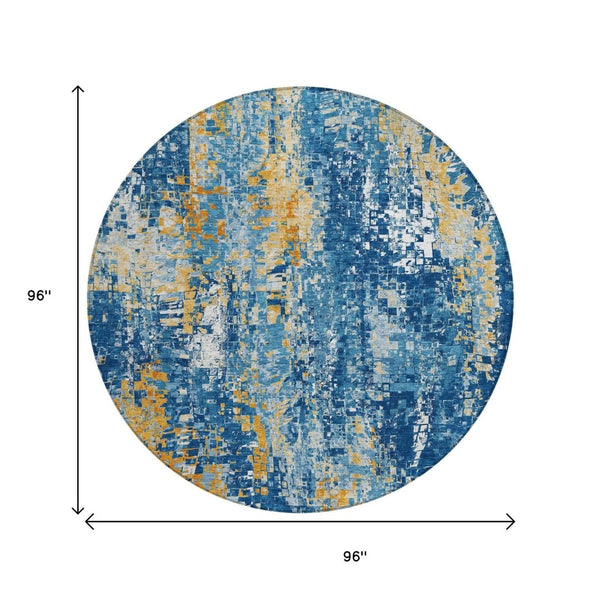 HomeRoots 8' Navy Blue Gold and Ivory Washable Round Area Rug – Modern Abstract Design for Indoor & Outdoor Use 640576