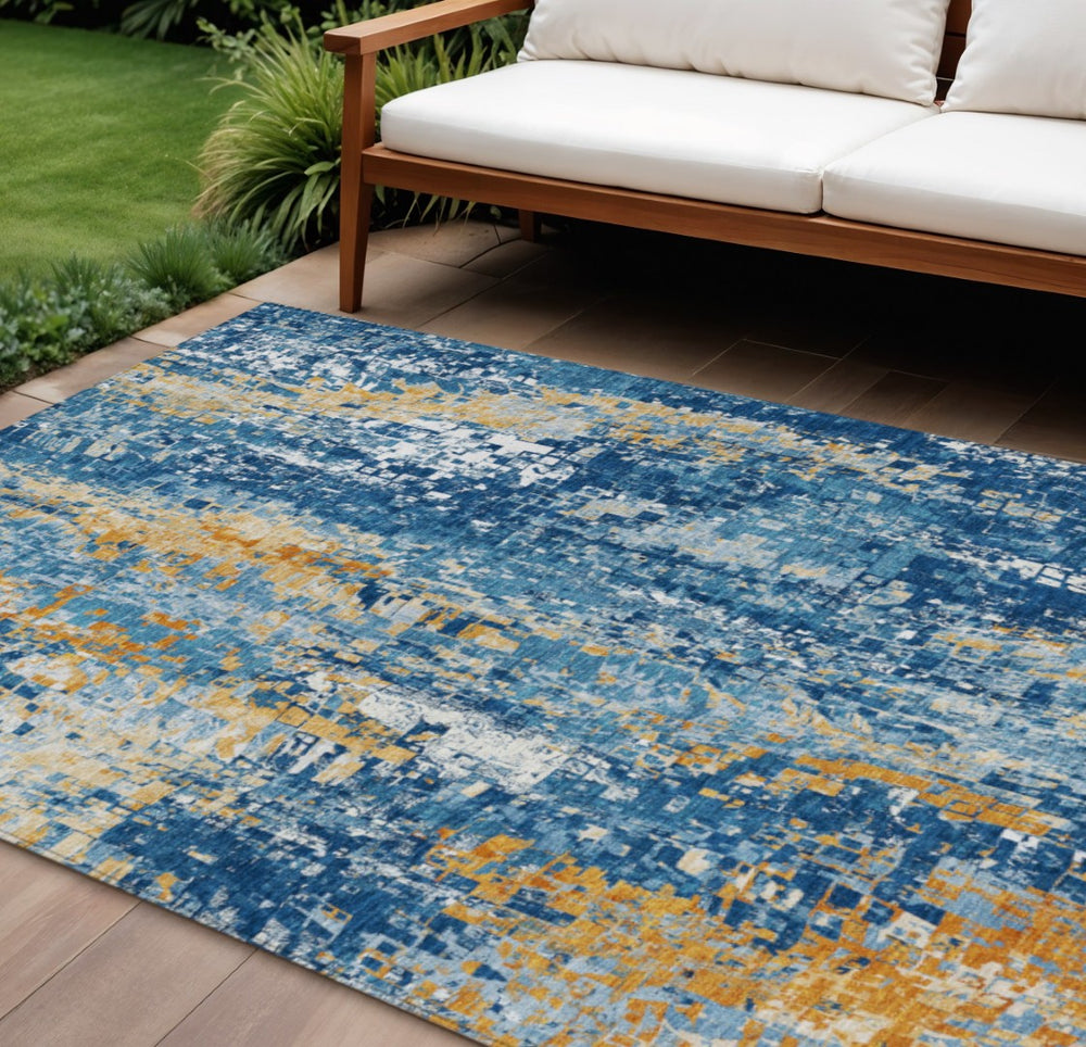 HomeRoots 8' X 10' Navy Blue Gold Ivory Abstract Area Rug – Stylish, Durable, Washable for Indoor & Outdoor Use 640577