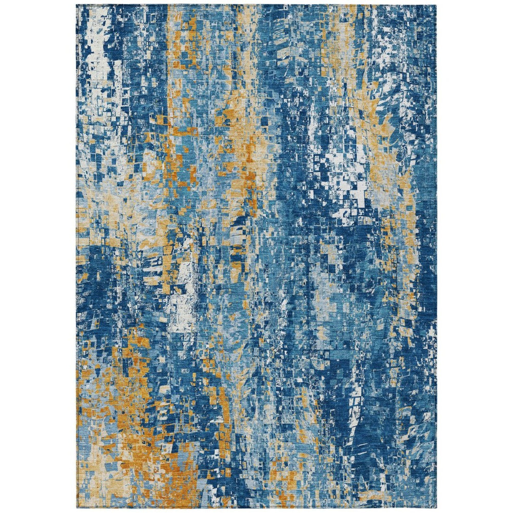 HomeRoots 8' X 10' Navy Blue Gold Ivory Abstract Area Rug – Stylish, Durable, Washable for Indoor & Outdoor Use 640577