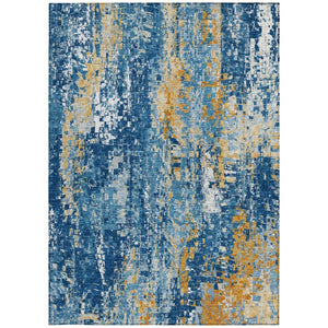 HomeRoots 9' X 12' Navy Blue Gold Ivory Abstract Area Rug - Washable, Durable Design for Indoor & Outdoor Use 640578