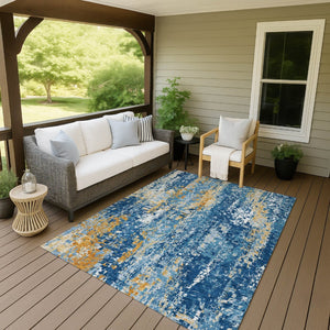 HomeRoots 9' X 12' Navy Blue Gold Ivory Abstract Area Rug - Washable, Durable Design for Indoor & Outdoor Use 640578