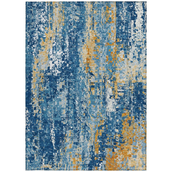 HomeRoots 10' Navy Blue, Gold & Ivory Abstract Area Rug - Washable, Durable, Stylish for Indoor/Outdoor Use! 640579