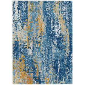 HomeRoots 10' Navy Blue, Gold & Ivory Abstract Area Rug - Washable, Durable, Stylish for Indoor/Outdoor Use! 640579