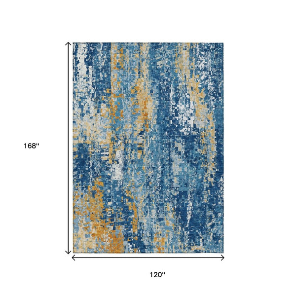 HomeRoots 10' Navy Blue, Gold & Ivory Abstract Area Rug - Washable, Durable, Stylish for Indoor/Outdoor Use! 640579