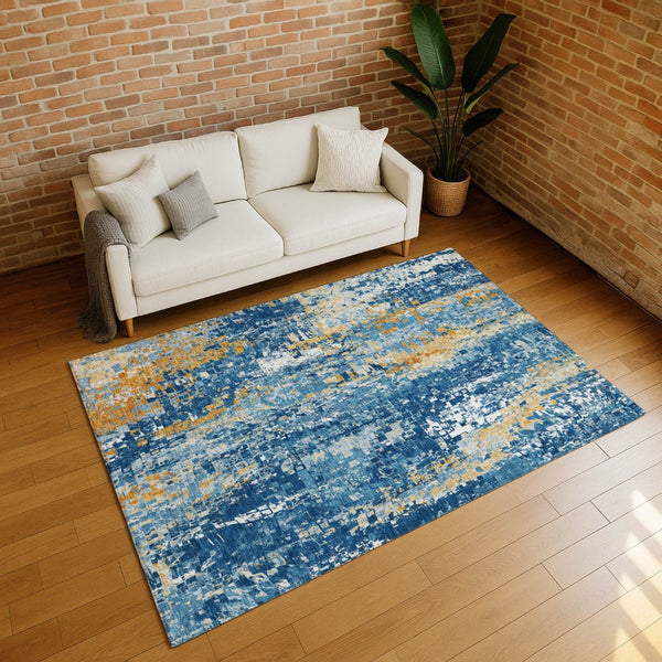 HomeRoots 10' Navy Blue, Gold & Ivory Abstract Area Rug - Washable, Durable, Stylish for Indoor/Outdoor Use! 640579