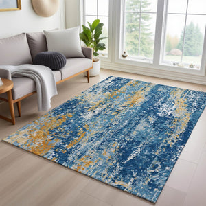 HomeRoots 10' Navy Blue, Gold & Ivory Abstract Area Rug - Washable, Durable, Stylish for Indoor/Outdoor Use! 640579
