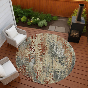 HomeRoots 8' Modern Round Abstract Area Rug in Pewter, Rust & Gray - Washable & Durable for Indoor/Outdoor Use 640582
