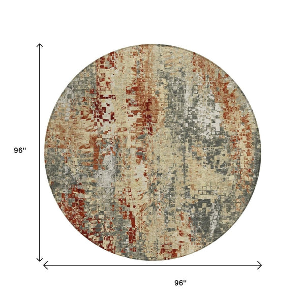 HomeRoots 8' Modern Round Abstract Area Rug in Pewter, Rust & Gray - Washable & Durable for Indoor/Outdoor Use 640582