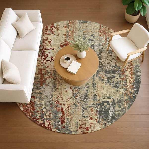 HomeRoots 8' Modern Round Abstract Area Rug in Pewter, Rust & Gray - Washable & Durable for Indoor/Outdoor Use 640582
