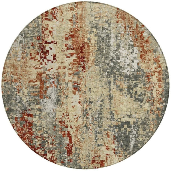 HomeRoots 8' Modern Round Abstract Area Rug in Pewter, Rust & Gray - Washable & Durable for Indoor/Outdoor Use 640582