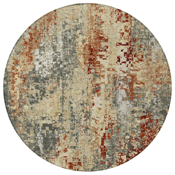 HomeRoots 8' Modern Round Abstract Area Rug in Pewter, Rust & Gray - Washable & Durable for Indoor/Outdoor Use 640582