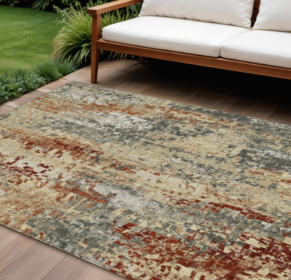 HomeRoots 8' X 10' Abstract Washable Area Rug in Pewter, Rust & Gray – Perfect for Indoor/Outdoor Spaces! 640583